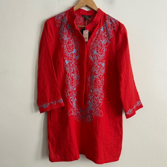 Brooks Brothers Tops - Brooks Brothers Linen Embroidered Tunic Top Red Blue Size 12 NWT